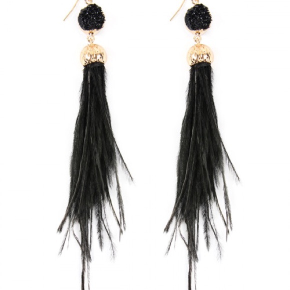 BLACK DRUZY STONE WITH OSTRICH FEATHER EARRINGS - Picture 2 of 3